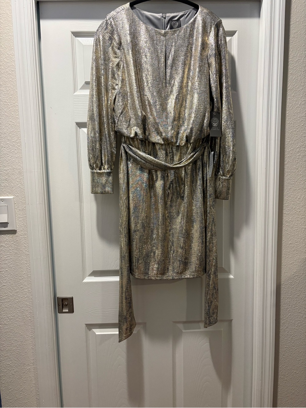 Vince Camuto Metallic Gold/Silver Long-Sleeve Sheath Dress with Waist Tie